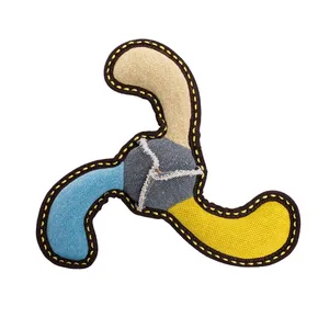 Bumerang, 27 cm, robuster Apportiergegenstand für Hunde, HIPHOP DOG, gewebtes Material, beige/blau/gelb